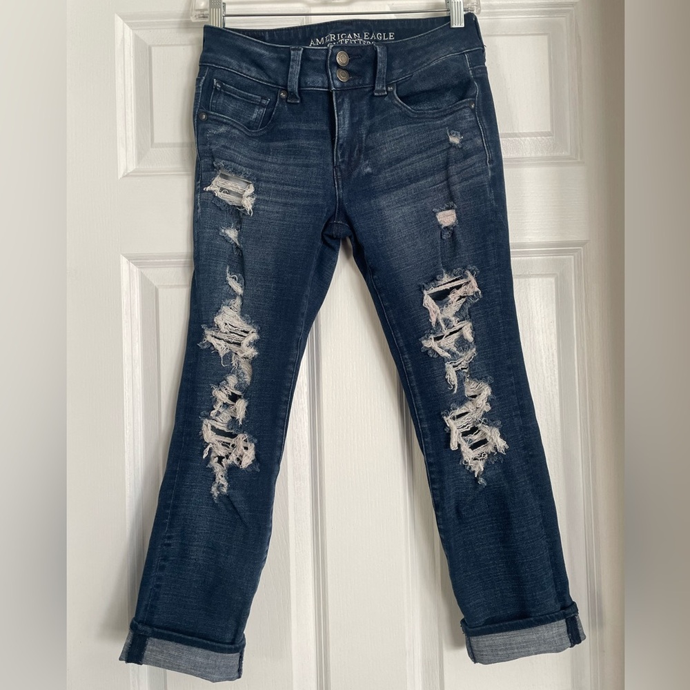 American Eagle Outfitters Dark Blue Distressed Straight Leg Jeans